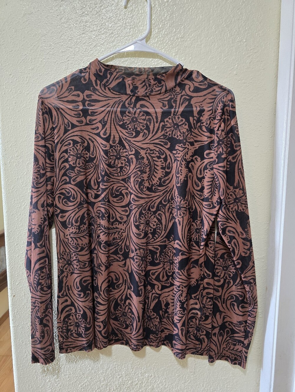 Mesh Floral Scroll Long Sleeve Top in Rust and Black